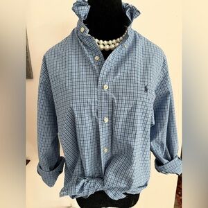 Upcycled Ralph Lauren Blue and White Plaid Button-Up Shirt